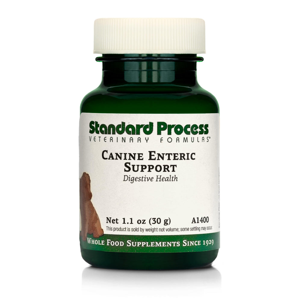 Standard Process Canine Enteric Support bottle front promoting digestive balance.