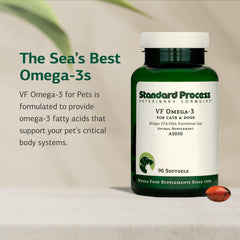 Standard Process VF Omega-3 for Pets anchovy-sardine oil source visual emphasizing heart and brain support.