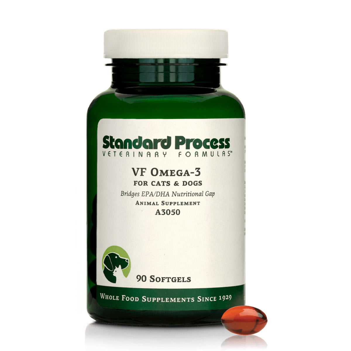 Standard Process VF Omega-3 for Pets bottle on shelf, highlighting joint and immune support.
