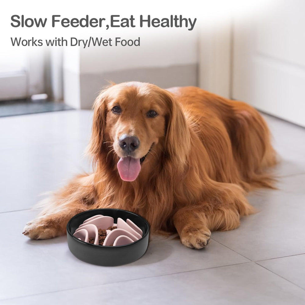 Stankeloko slow feeder in action shows dog eating gently with the insert