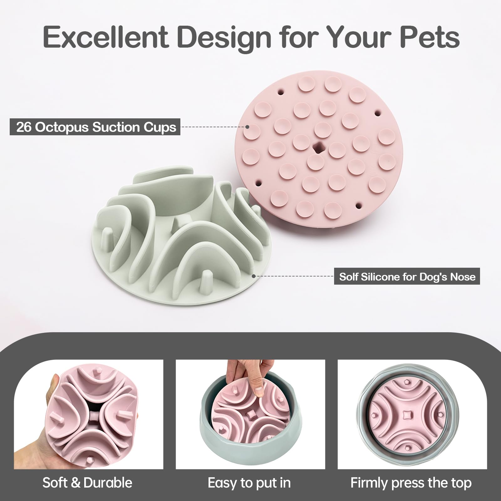 Stankeloko slow feeder insert in pink bowl promotes mindful meals and longer chewing