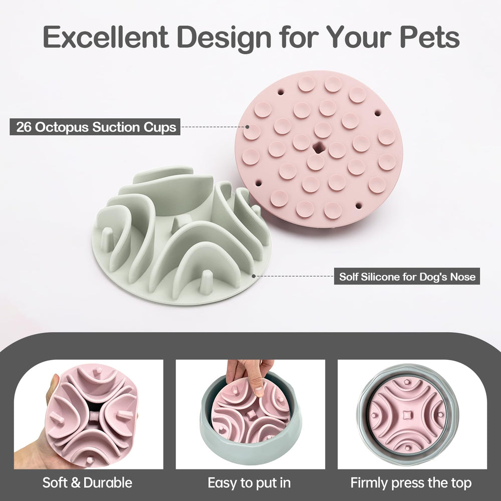 Stankeloko slow feeder insert in pink bowl promotes mindful meals and longer chewing