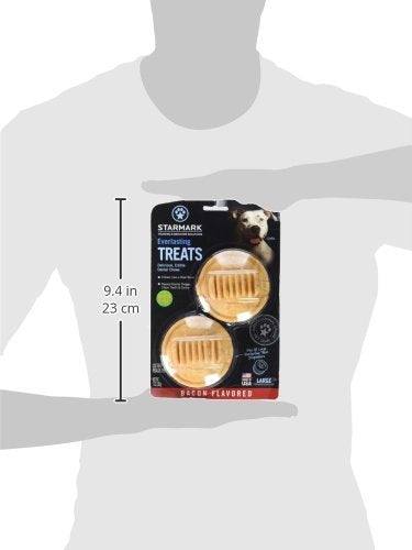 Starmark Everlasting Bacon dog dental chews large pack — closeup shows texture and bite-friendly design.