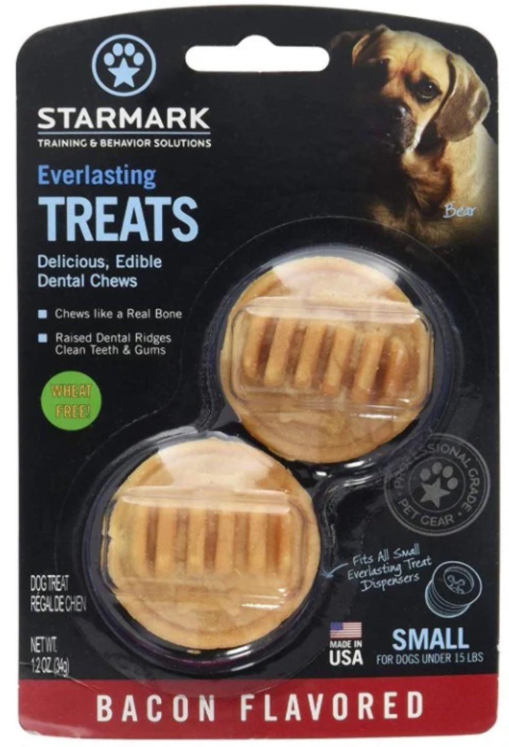 StarMark Everlasting Bacon dog dental chews small 4-pack close-up showing bacon flavor and chew design.