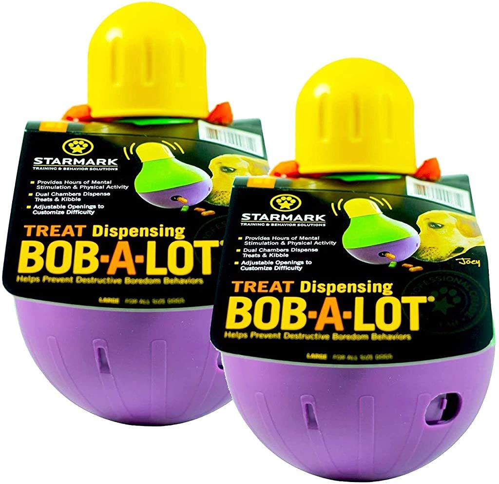Starmark Large Bob-A-Lot interactive dog toy promotes puzzle play and slows treats for enrichment.