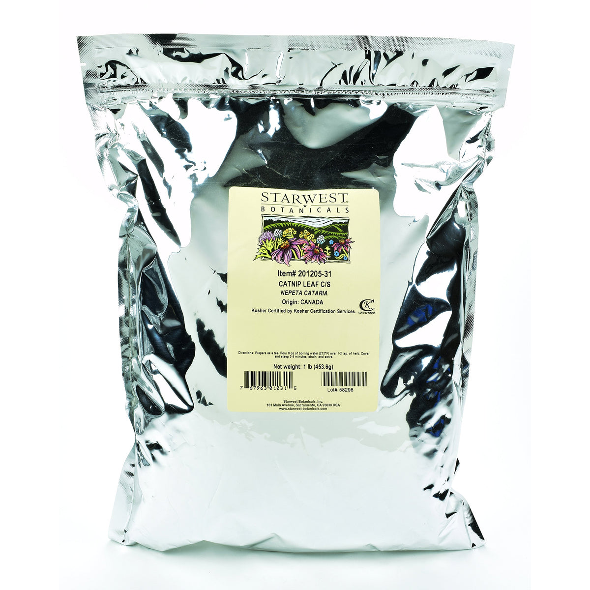 Starwest Botanicals Catnip Leaf C/S close-up showing dried leaves for pet play and crafts.