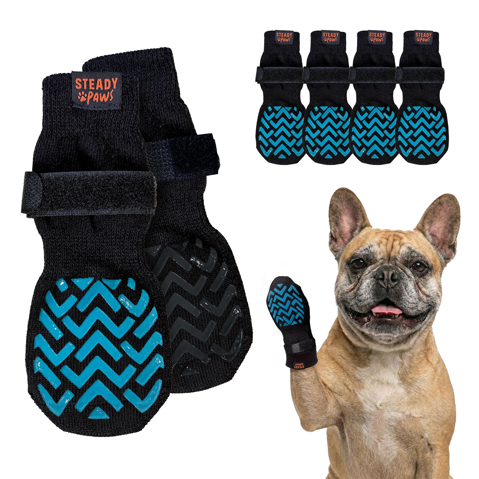 Steady Paws anti-slip dog socks pack front view showing four socks for indoor traction