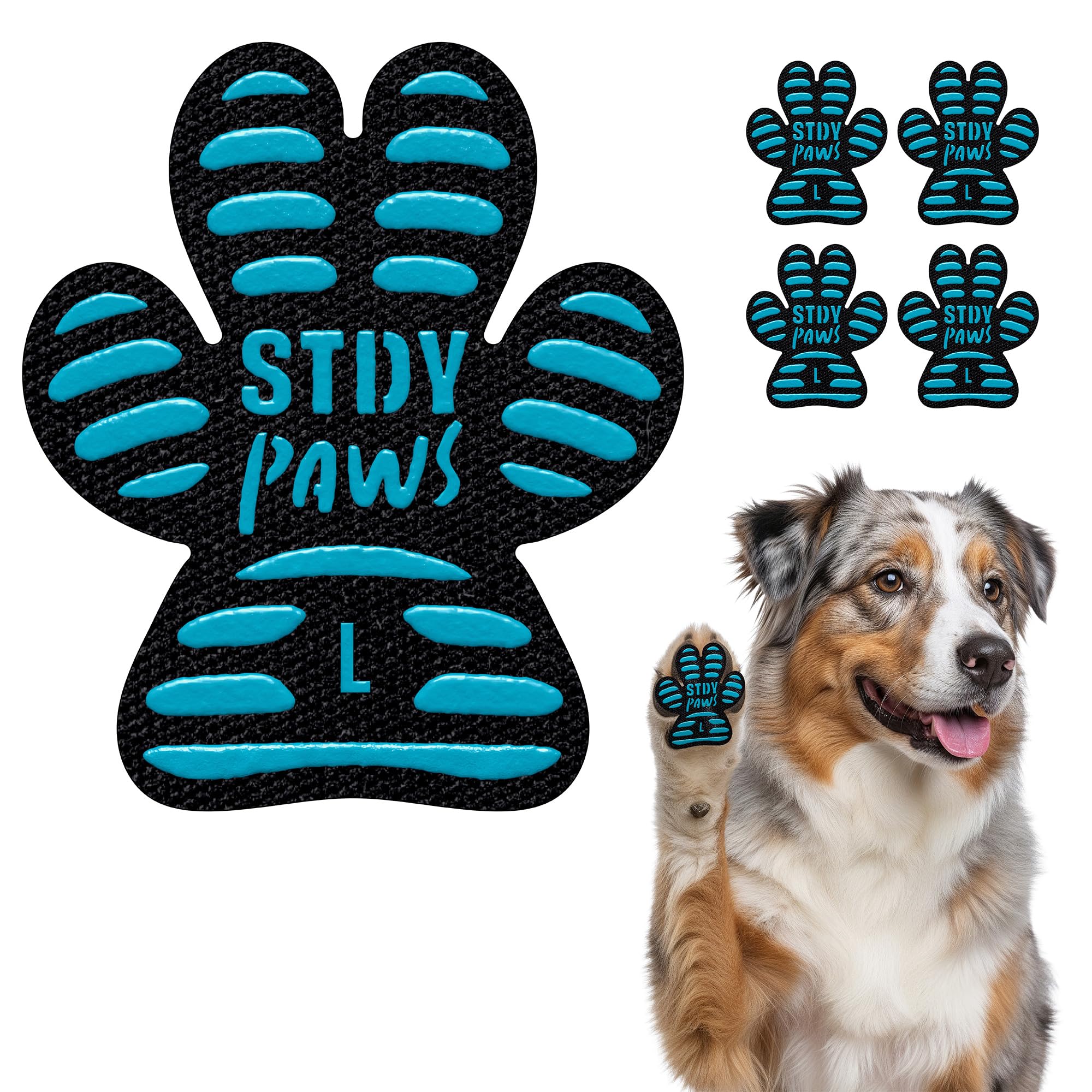 Steady Paws anti-slip paw grips packaging demonstrates easy, non-slip support for older or injured dogs.