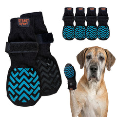 Steady Paws anti-slip socks with double-sided grip on wood floor for secure indoor traction.