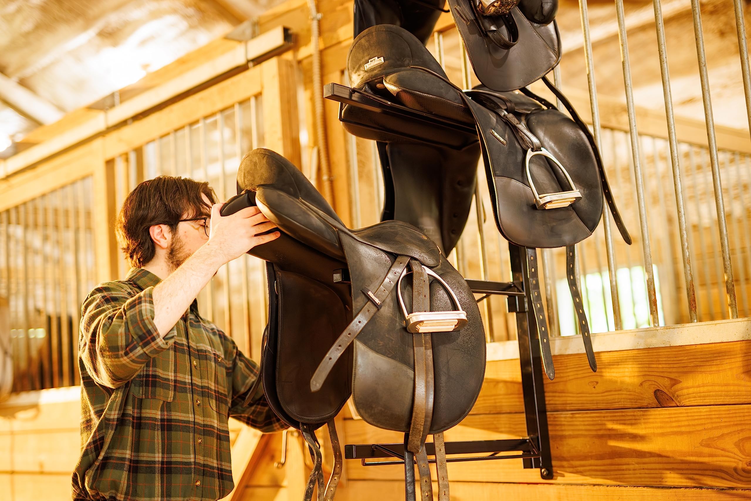 SteelChimp saddle rack with wide spacing ensures air circulation to keep saddles in good condition