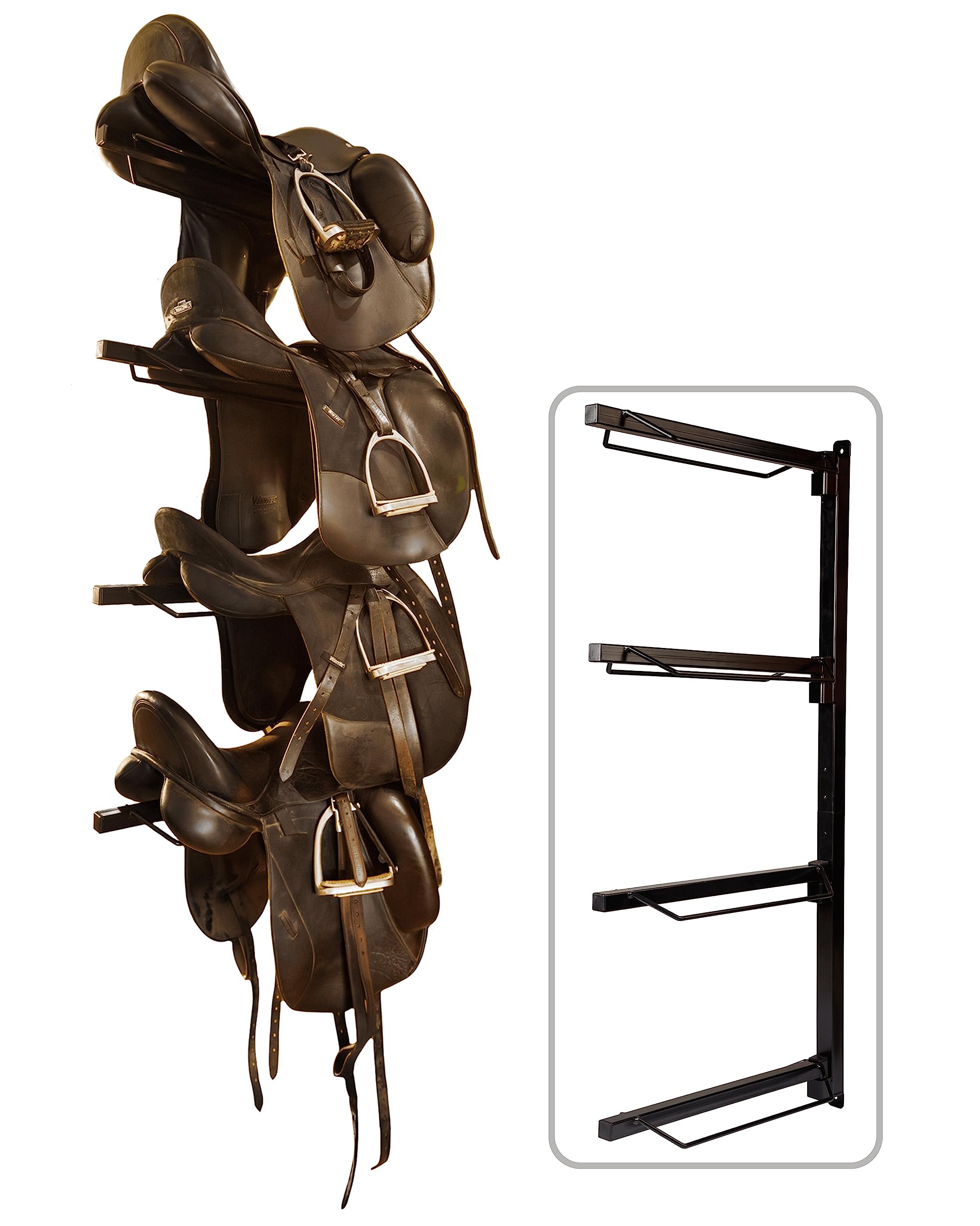 SteelChimp Saddle Rack Wall Mount setup with four saddles neatly organized for efficient stable storage