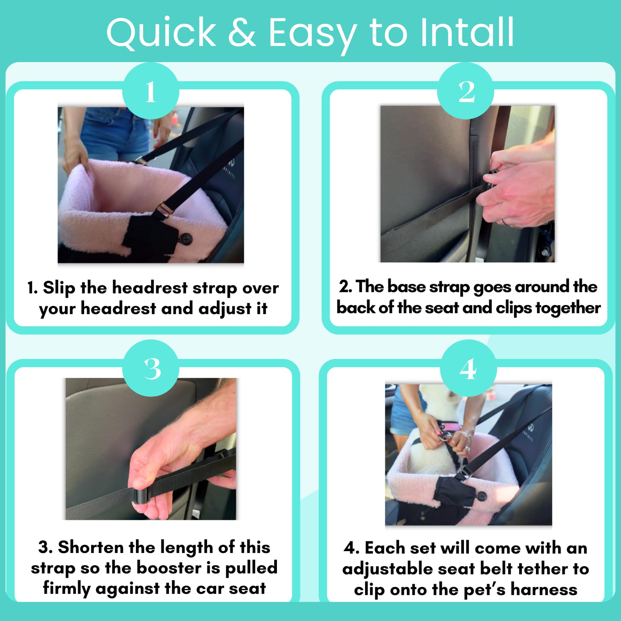 Stella and Bear blue dog booster seat washable liner emphasizes easy cleaning after adventures.