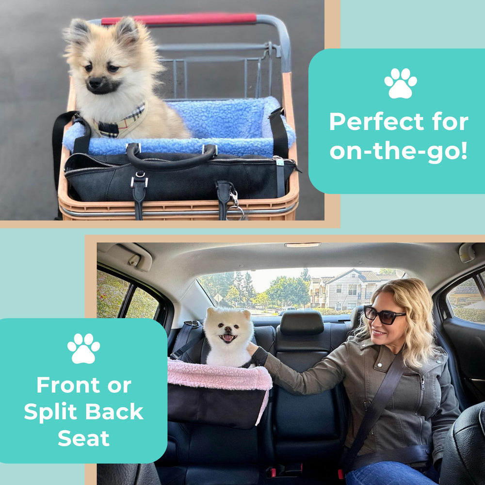 Stella and Bear blue dog booster seat with water dish included for on-the-go hydration.