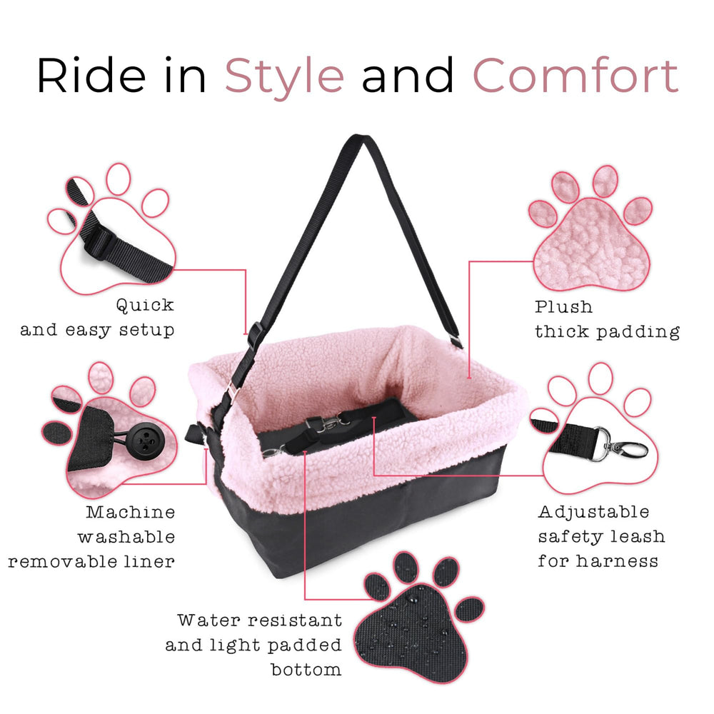 Stella and Bear dog car seat no-assembly-required for quick setup.