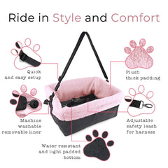 Stella and Bear dog car seat no-assembly-required for quick setup.