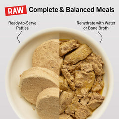 Stella & Chewy's patties close-up reveals whole-chicken ingredients and high-protein texture.