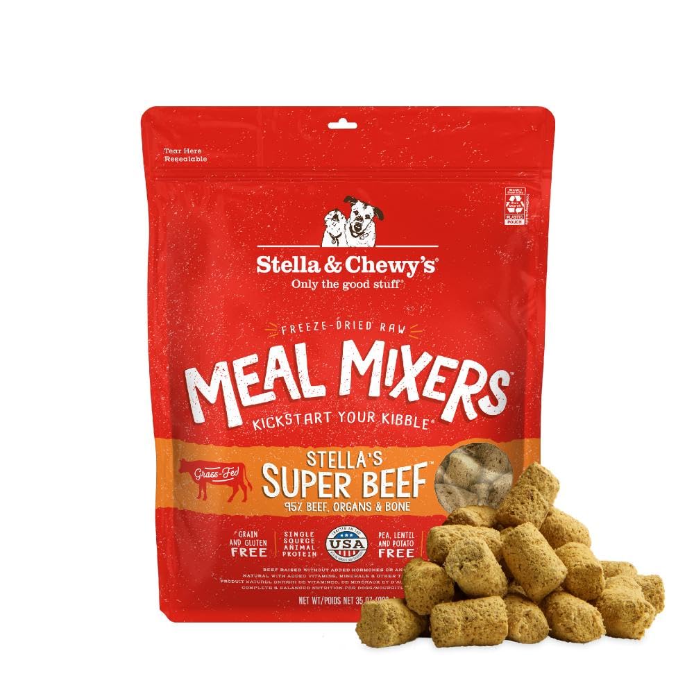 Stella & Chewy's packaging for freeze-dried meal mixers highlights grain-free nutrition for picky eaters