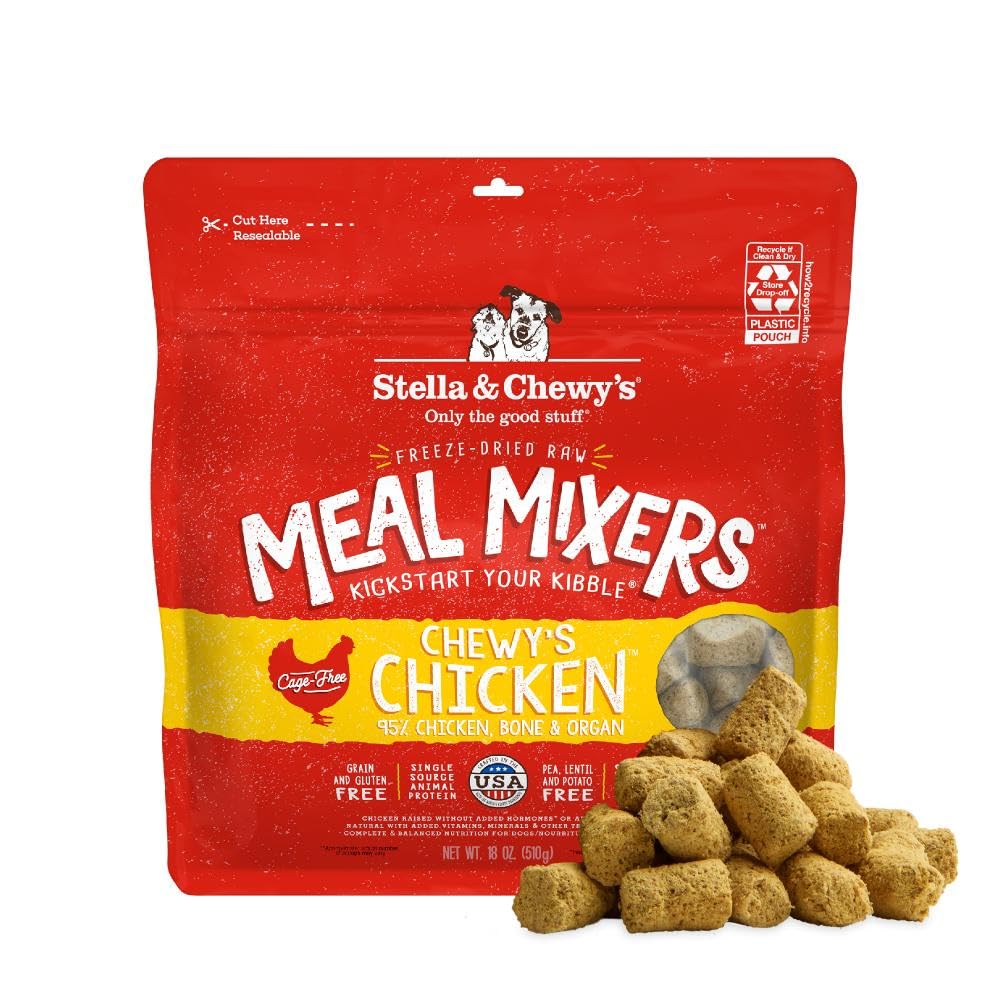 Stella & Chewy's packaging for freeze-dried chicken meal mixers, convenient feeding option