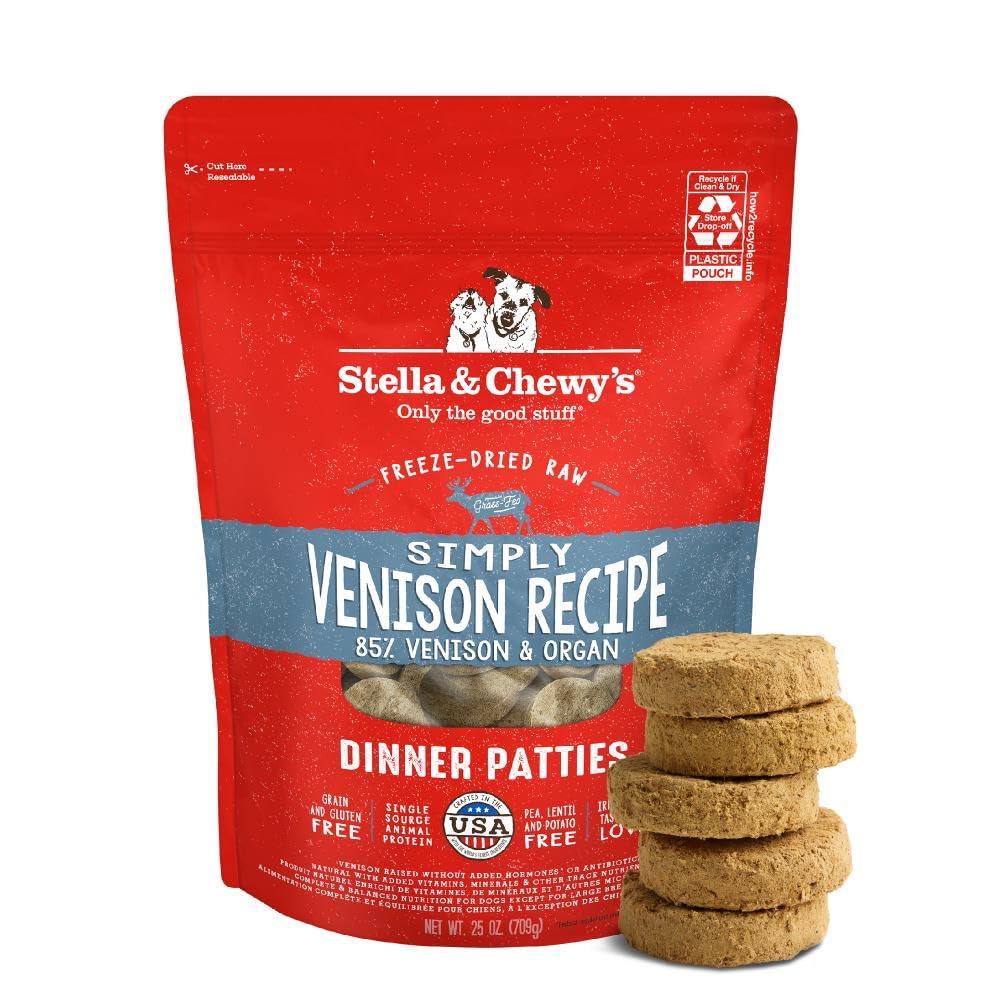 Stella & Chewy's venison patty packaging highlights premium ingredients for picky eaters.