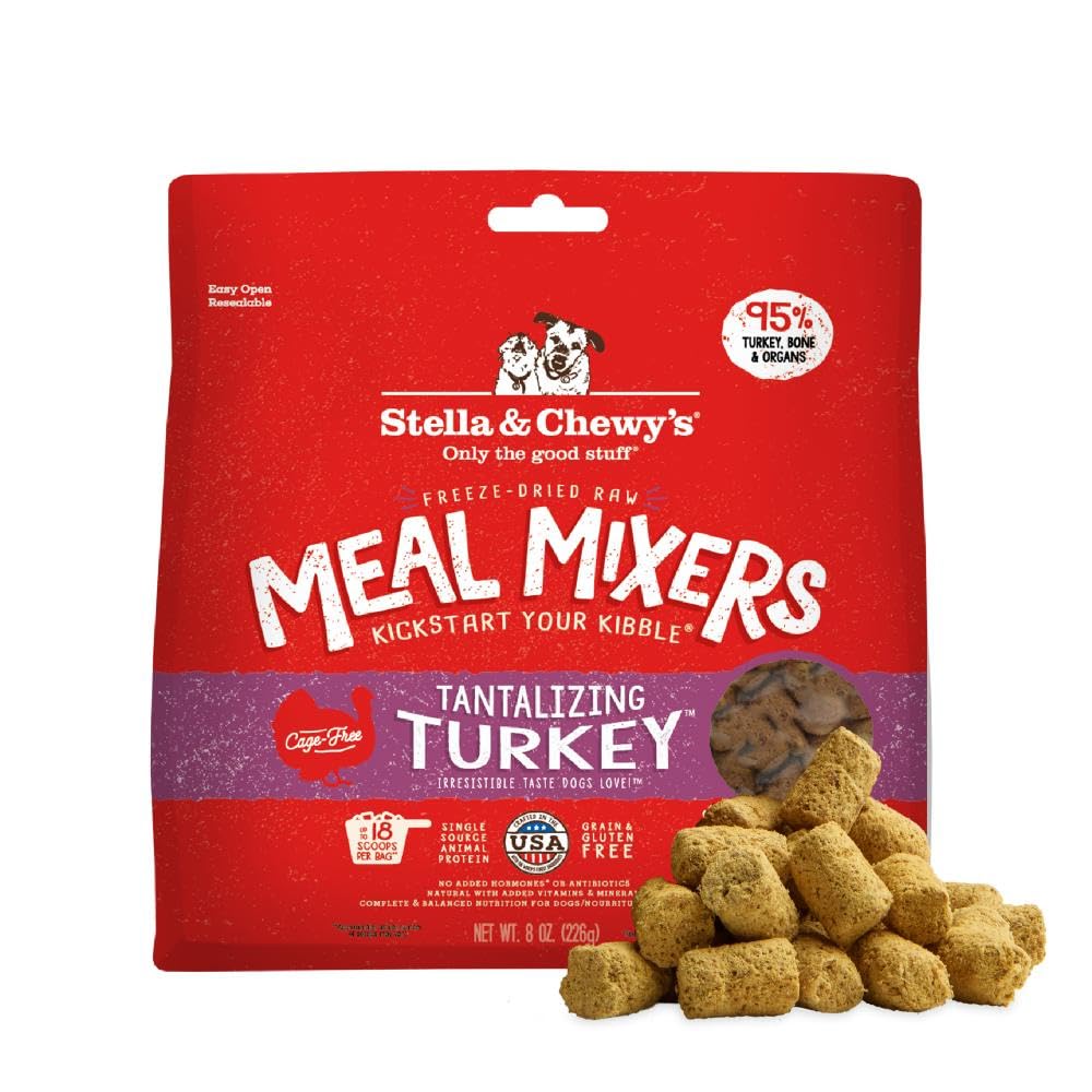 Stella & Chewy's freeze-dried turkey meal mixers packaging on shelf, convenient protein source.