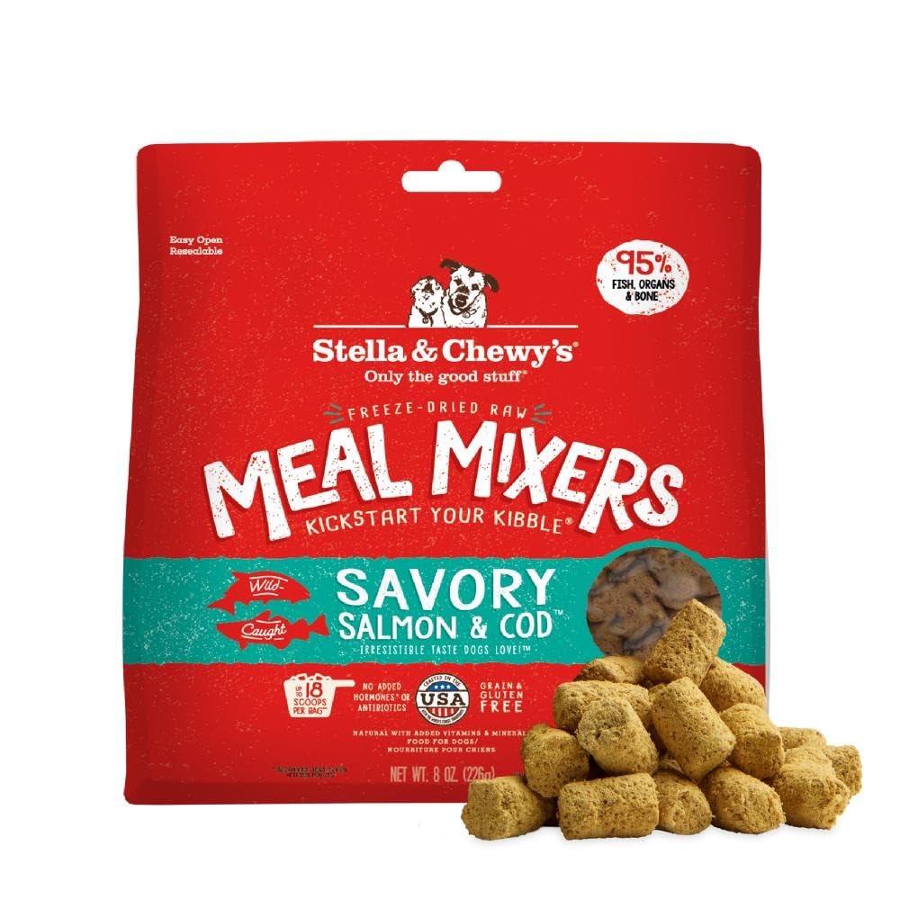 Stella & Chewy's freeze-dried salmon-cod meal mixers in a bag deliver high-protein seafood nutrition.