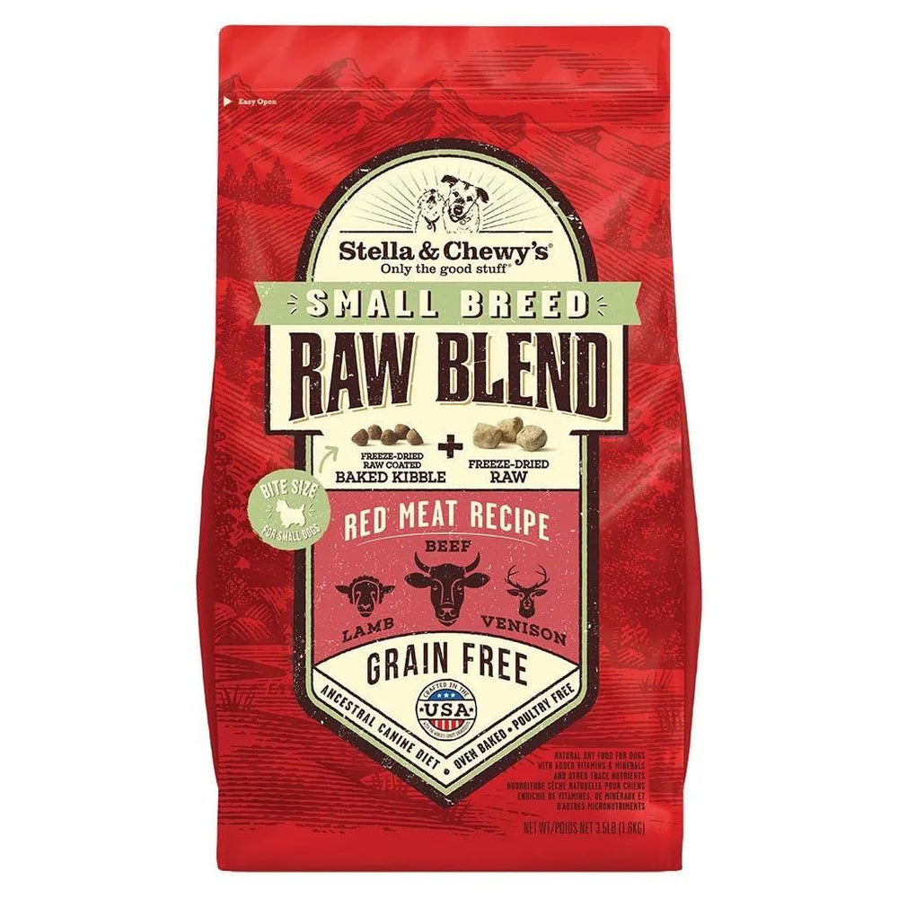 Stella & Chewy's Small Bred Raw Blend kibble in a bowl, high-protein meal option.