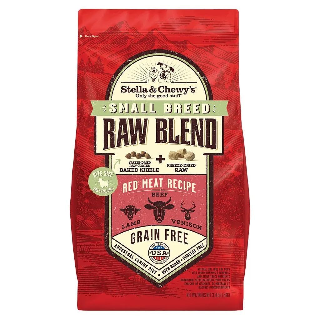 Stella & Chewy's Small Bred Raw Blend kibble in a bowl, high-protein meal option.
