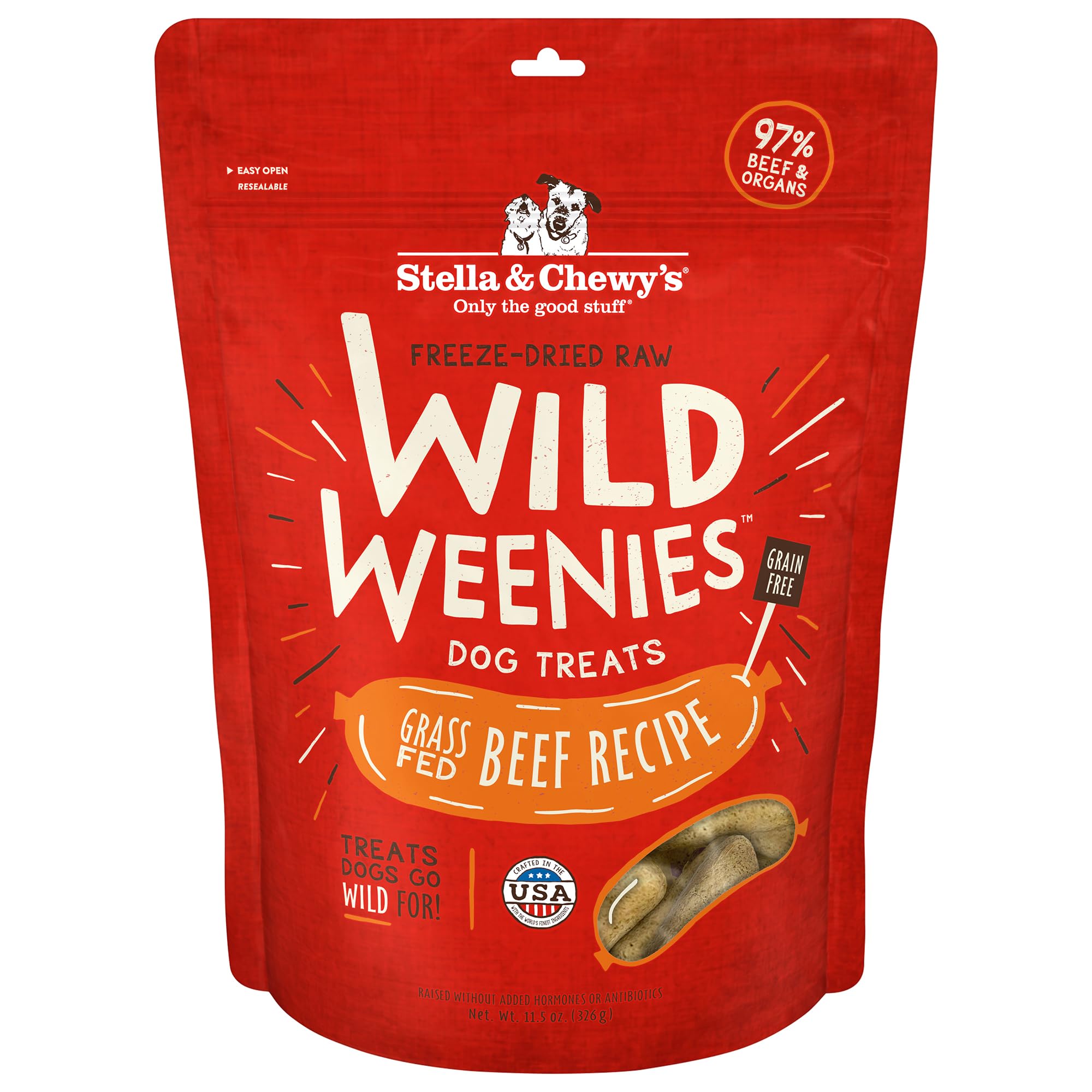 Stella & Chewy's Wild Weenies bag front showcases grass-fed beef recipe for protein-rich rewards.