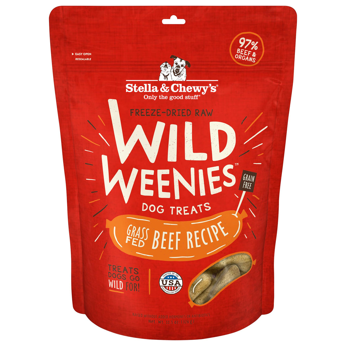 Stella & Chewy's Wild Weenies bag front showcases grass-fed beef recipe for protein-rich rewards.