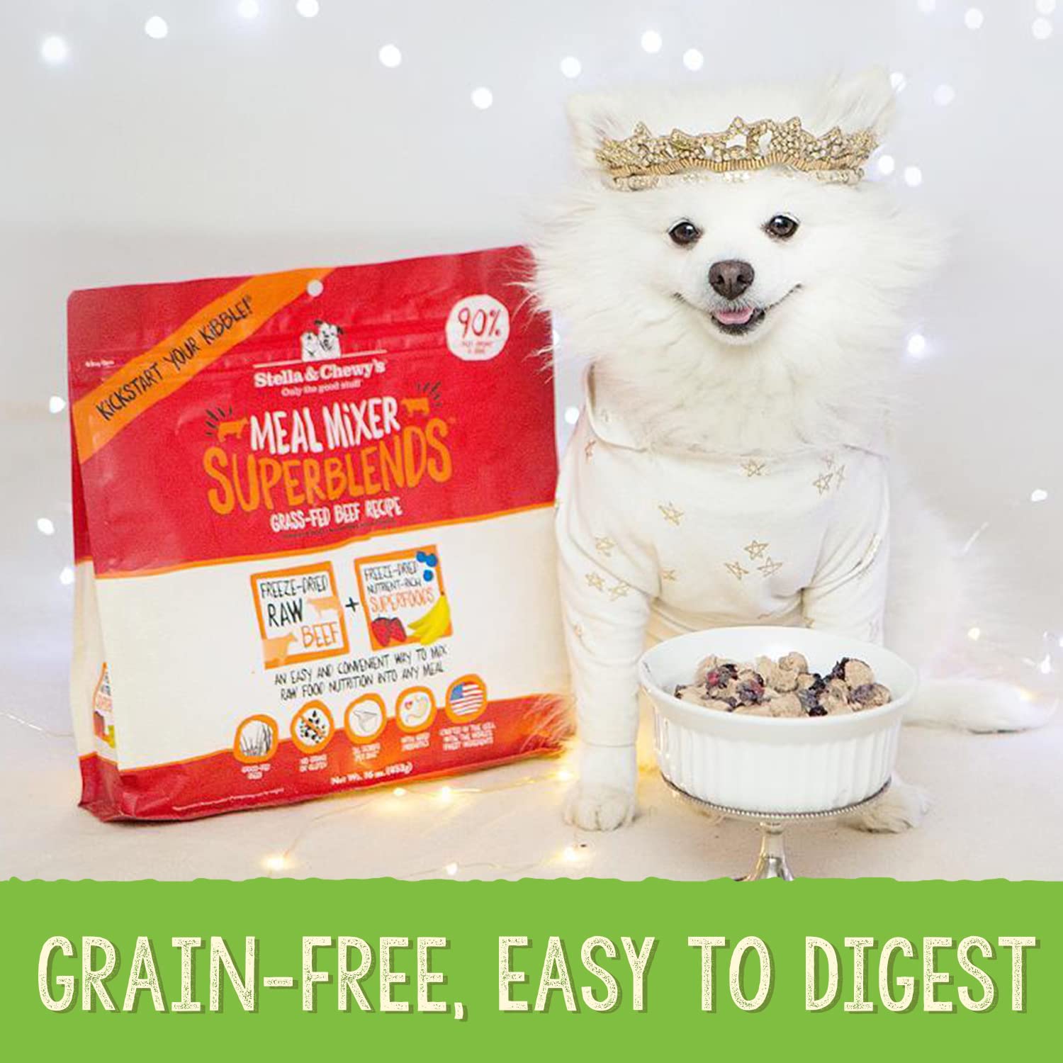 Stella & Chewy's meal mixer taste test dog image suggests strong flavor dogs instinctively crave