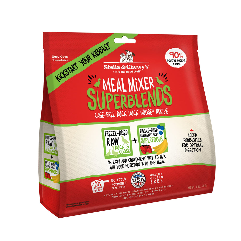 Stella & Chewy's duck meal mixer topper bag highlights high-protein, grain-free nutrition for dogs