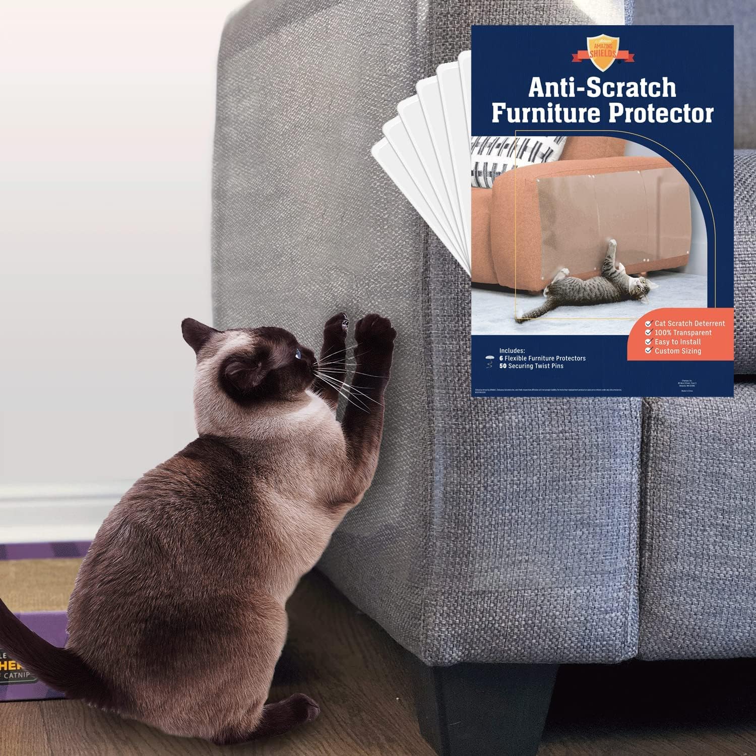 Stelucca Amazing Shields 6 Pack XL clear shield on sofa corner protects fabric from cat claws.