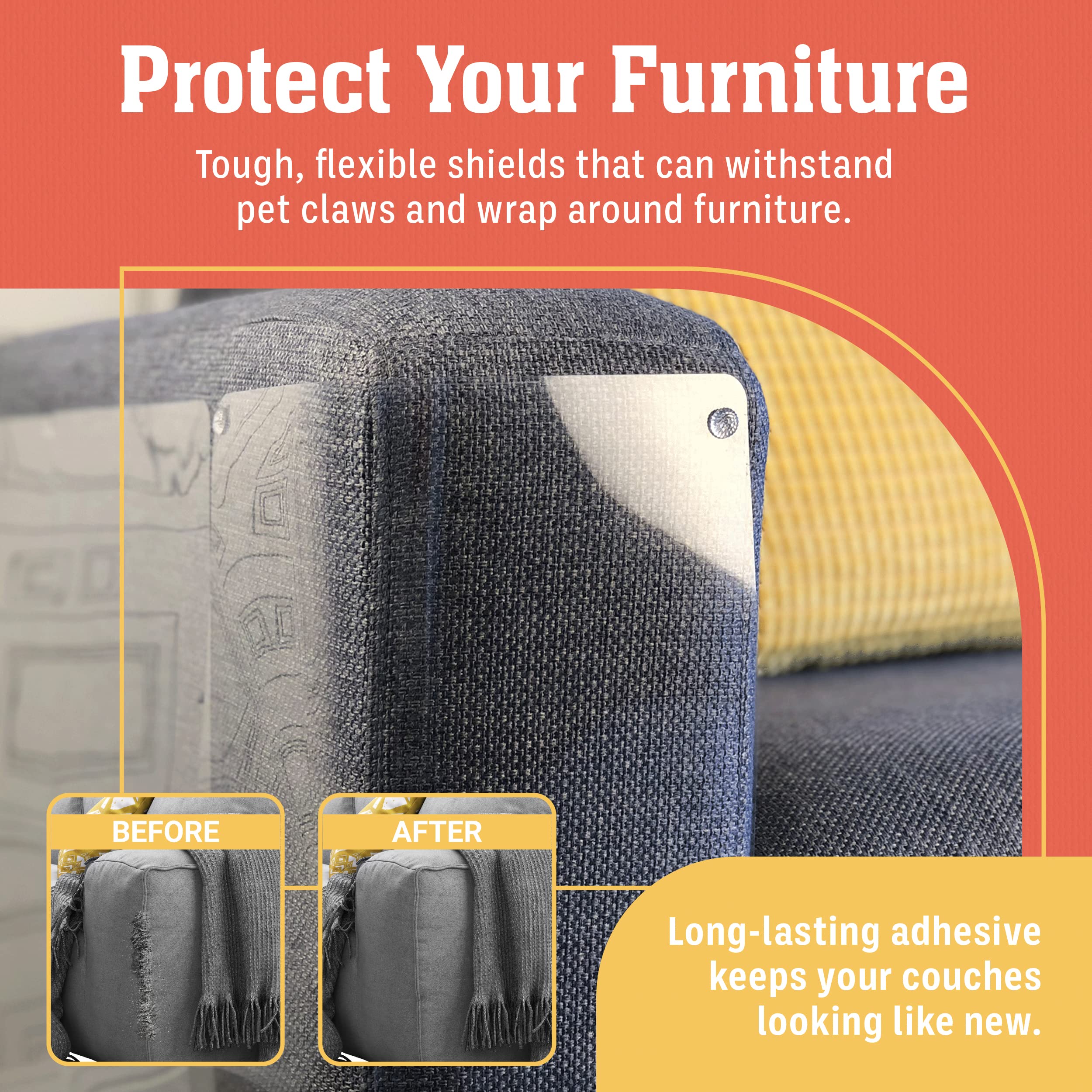 Stelucca Amazing Shields 6 Pack XL clear shield laid over couch surface for scratch deterrence.