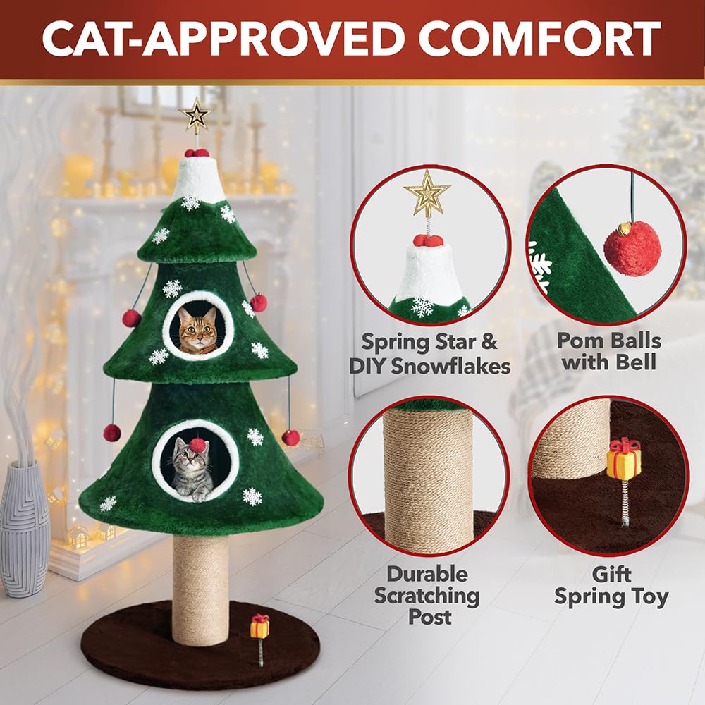 Stephan Roberts cat Christmas tree base view emphasizes stable foundation for safe climbing and lounging.