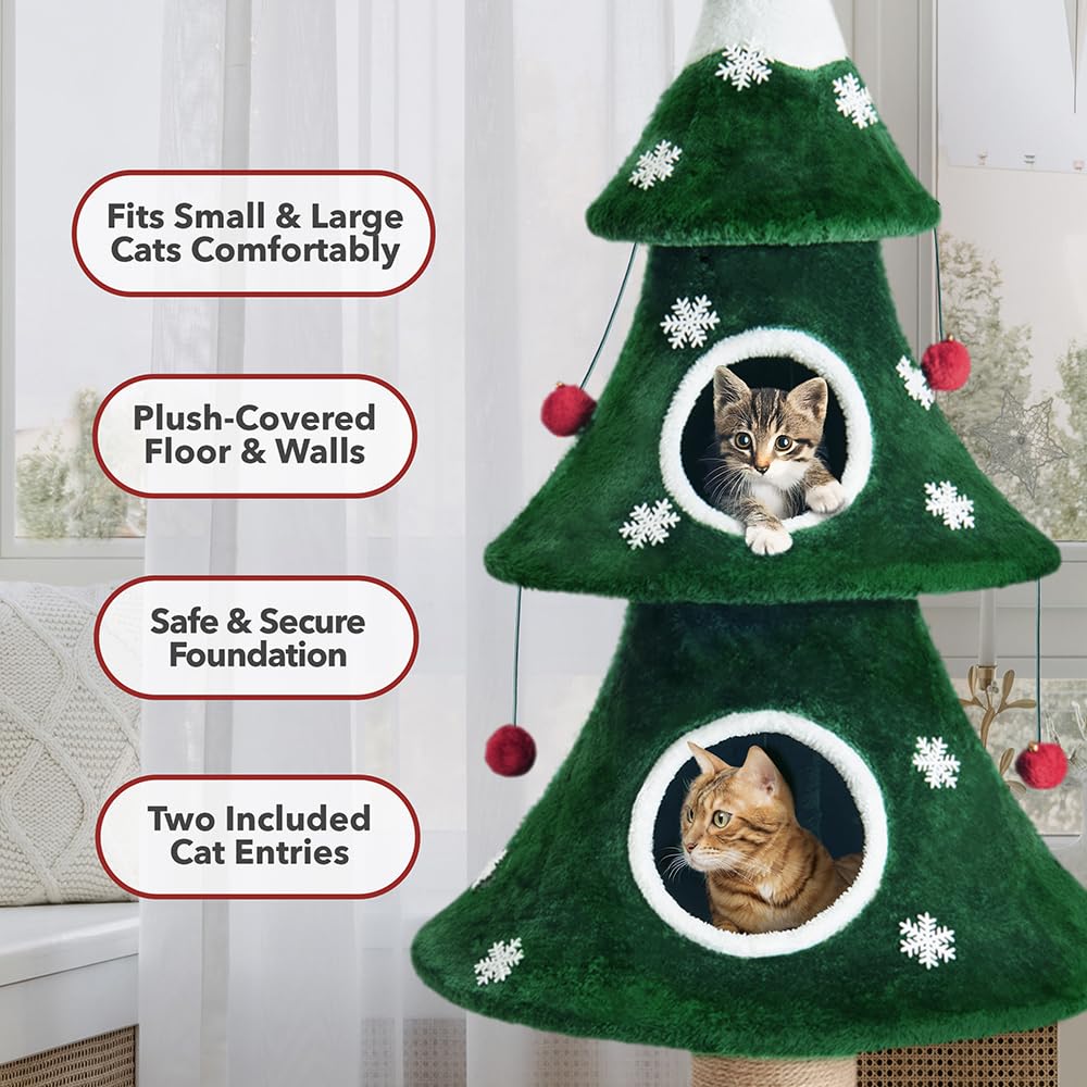 Stephan Roberts cat Christmas tree plush condos highlight cozy hideaways for relaxing during busy holidays.