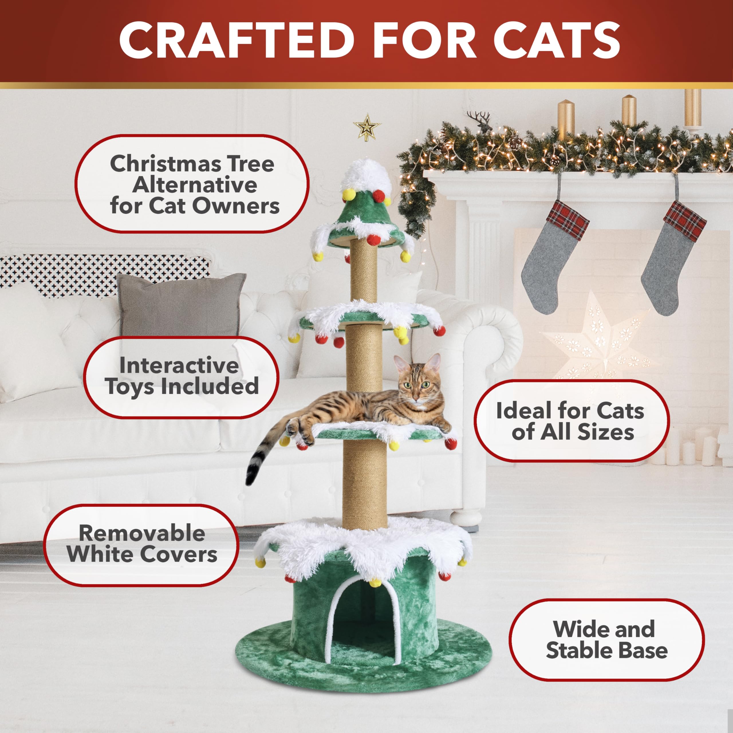 Stephan Roberts Cat Christmas Tree Plush Condos provide cozy hideaways for quiet breaks