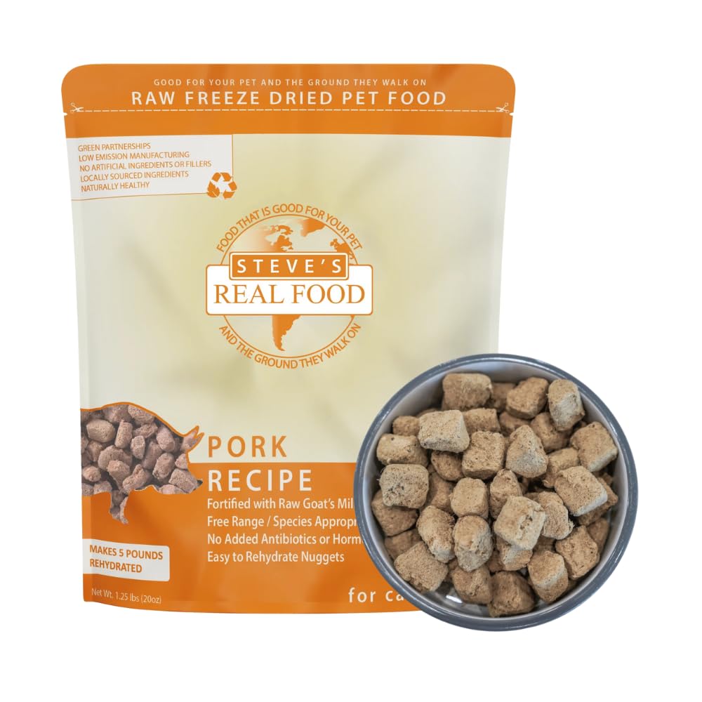 Steve's Real Food pork nuggets packshot highlights convenient raw feeding for dogs and cats.