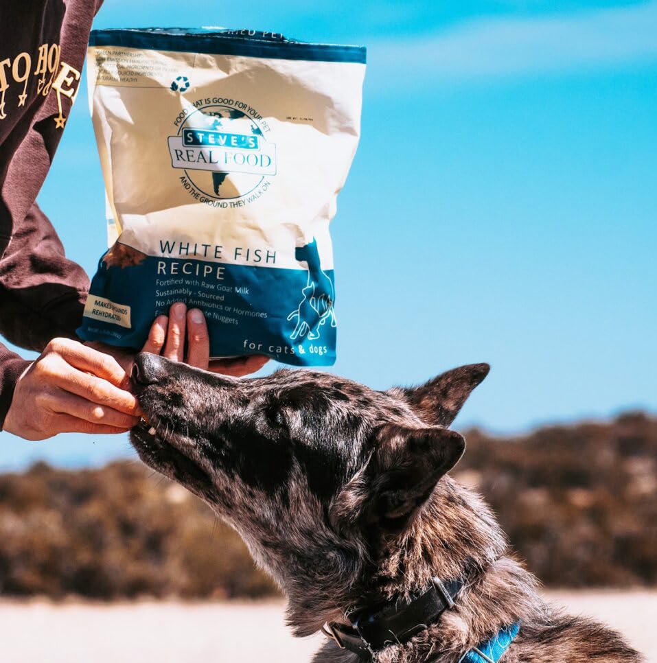 Steve's Real Food white fish recipe packaging emphasizes quality ingredients for pets.