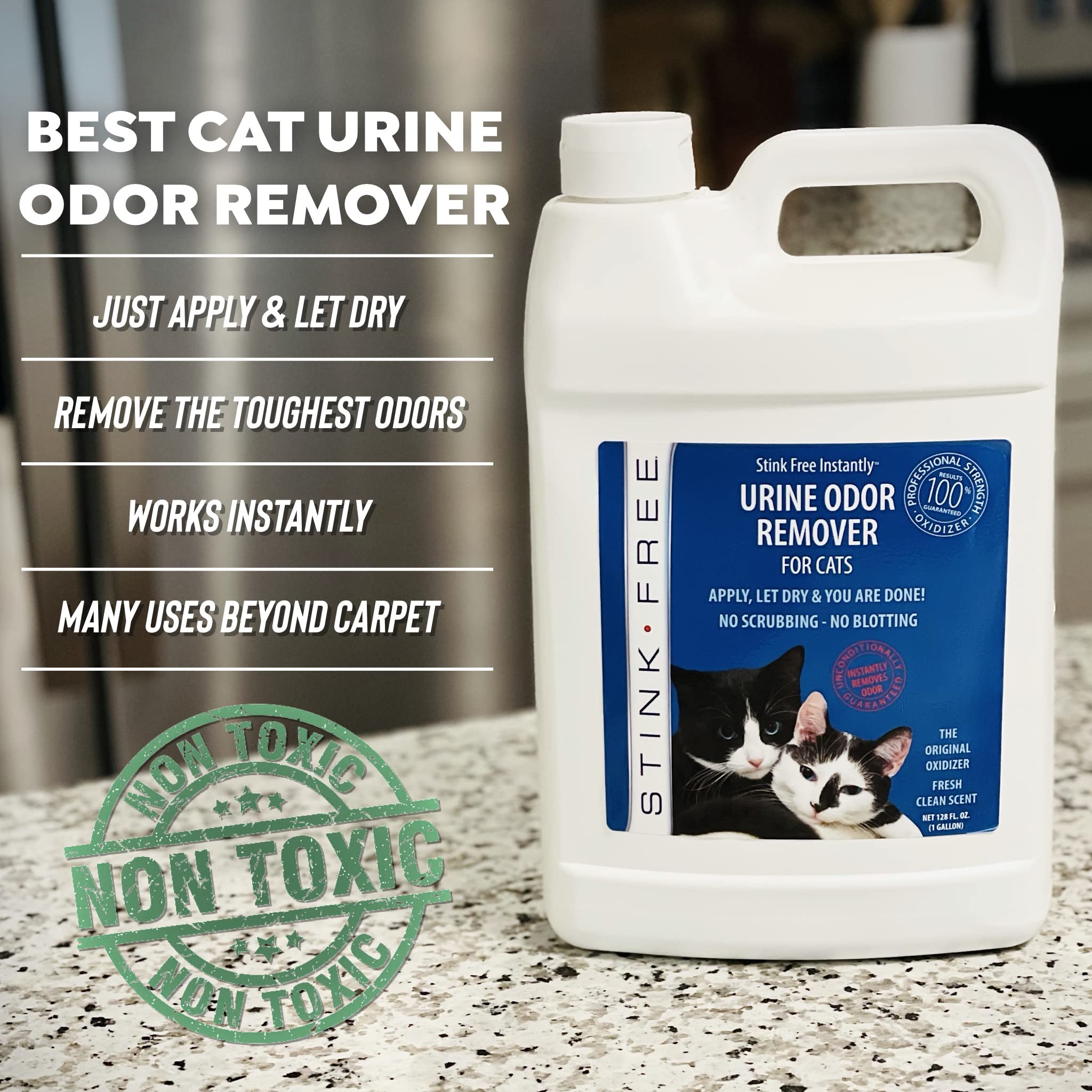 Stink Free Oxidation-based Urine Cleaner packaging highlights non-enzyme, fast-acting formula.