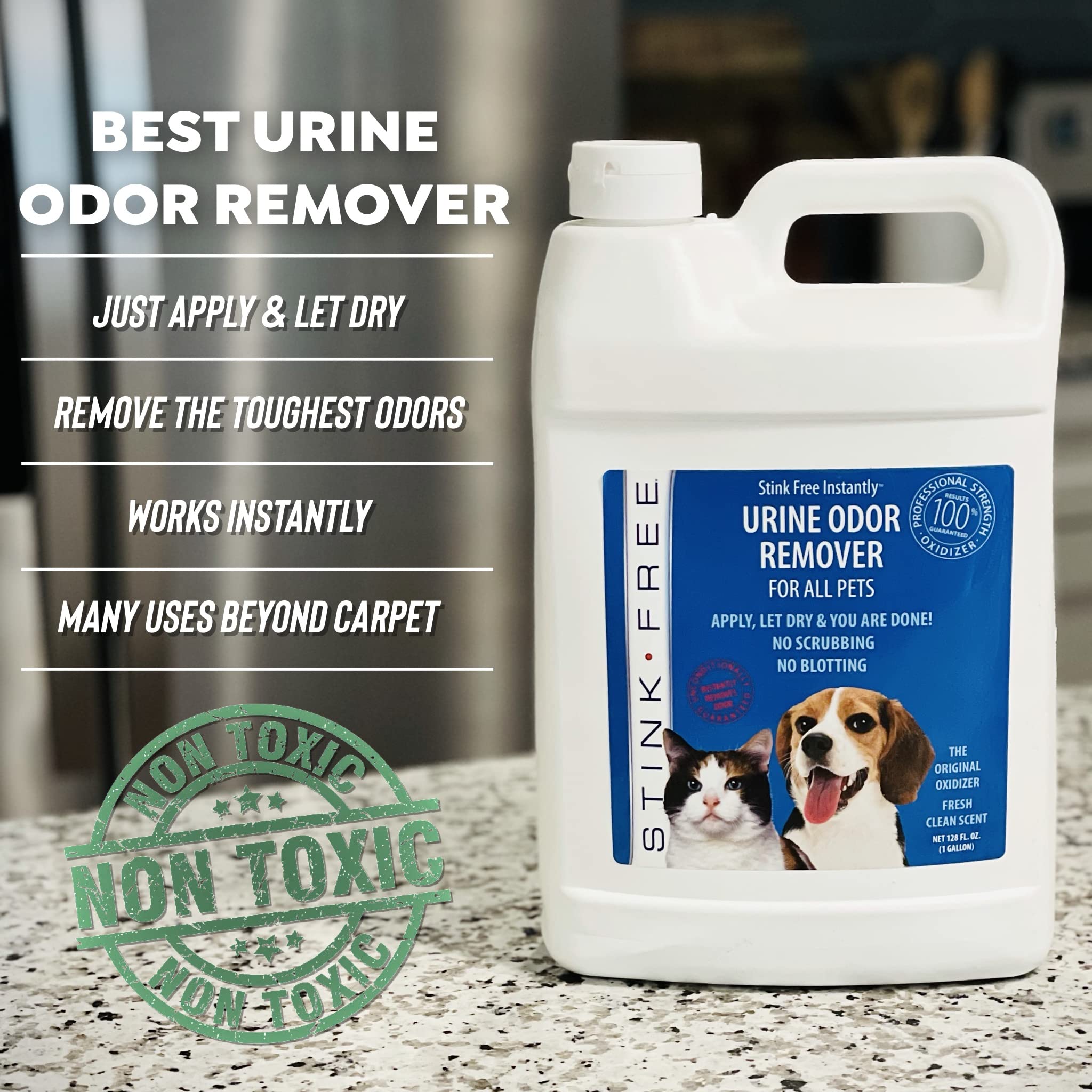 Stink Free Pet Urine Odor Eliminator action on carpet fibers removes stubborn traces.