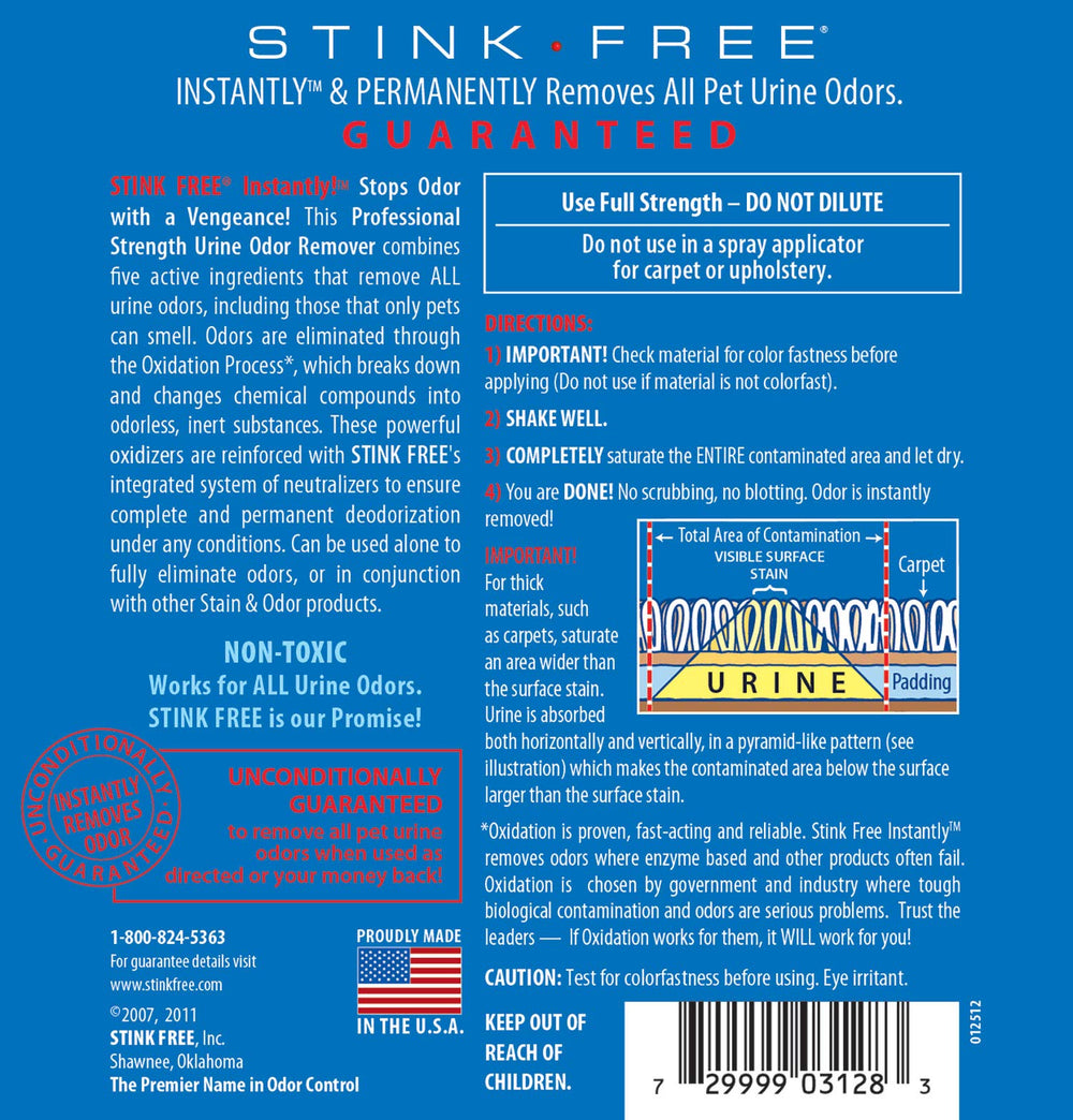 Stink Free 128oz label Indicates gallon size and cleaning capacity.