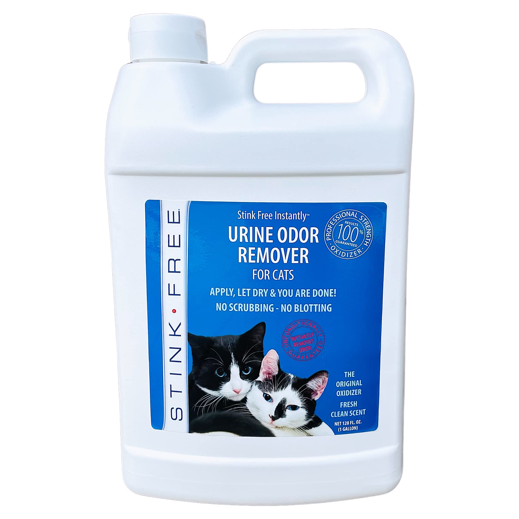 Stink Free Urine Odor Remover bottle front shows odor-neutralizing design for carpets and fabrics.