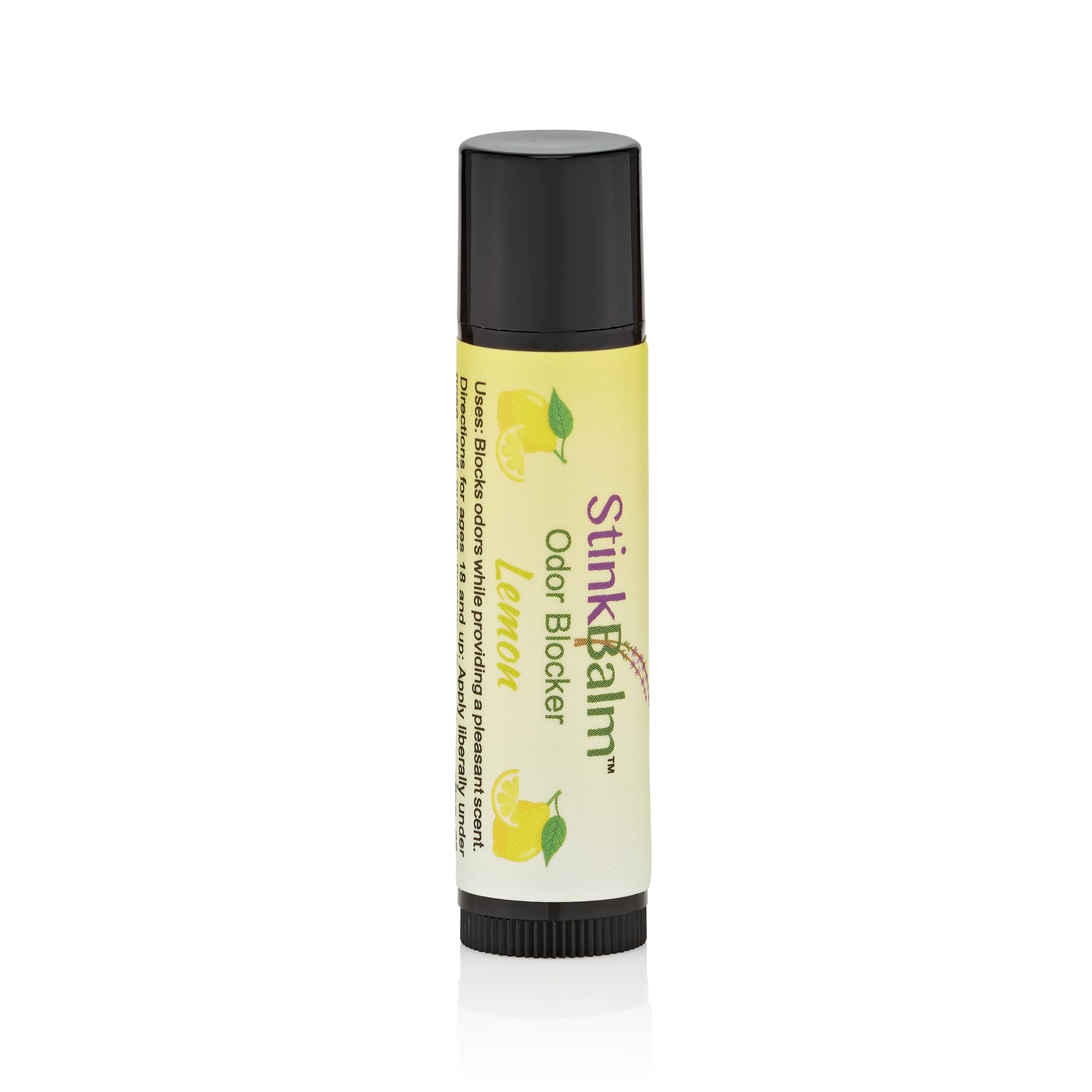 StinkBalm Odor Blocker Citrus 911 bottle back shows compact design for everyday carry.