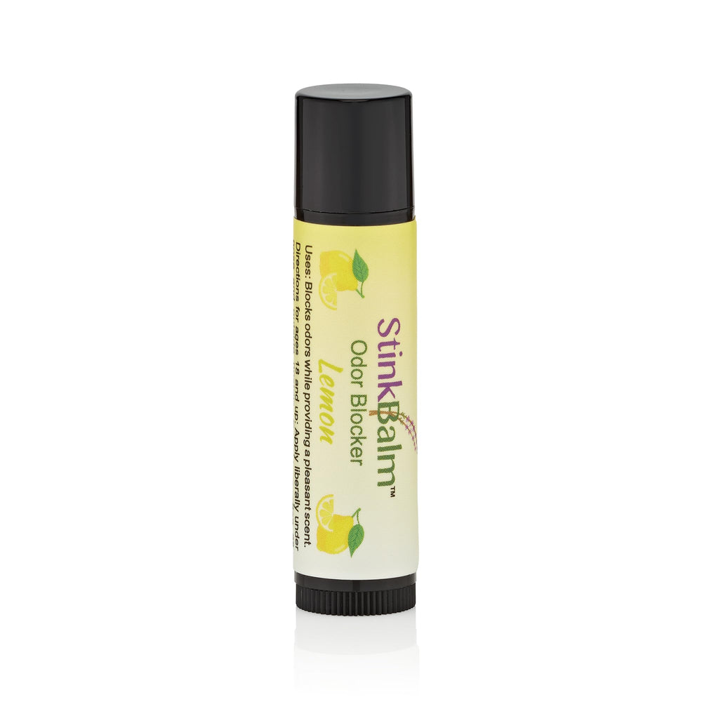 StinkBalm Odor Blocker Citrus 911 bottle back shows compact design for everyday carry.