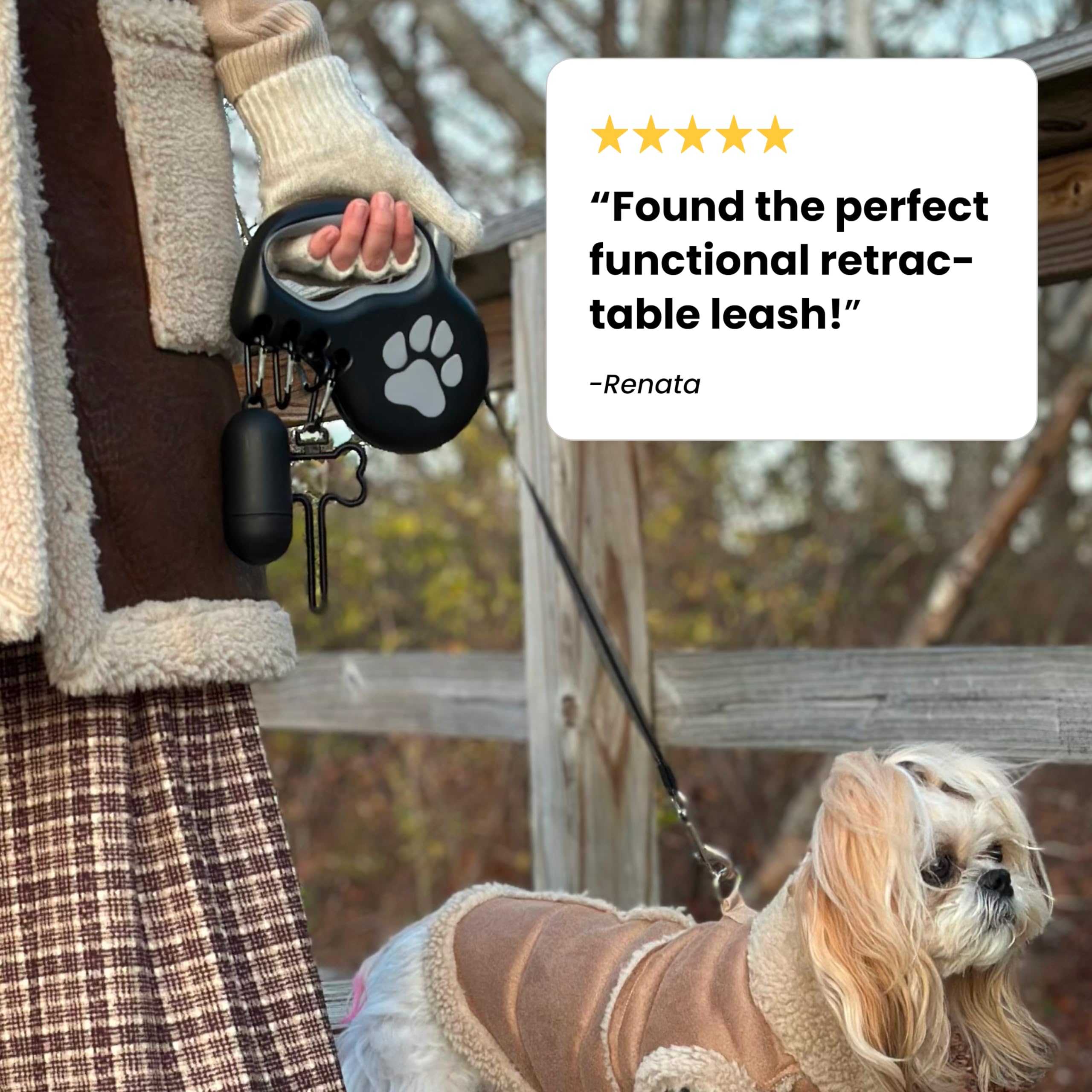 StitchLeash four-hooks setup helps organize essential items during walks.
