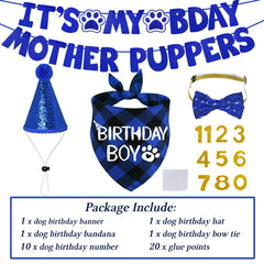 STMK dog birthday bandana in blue plaid for stylish birthday moments.