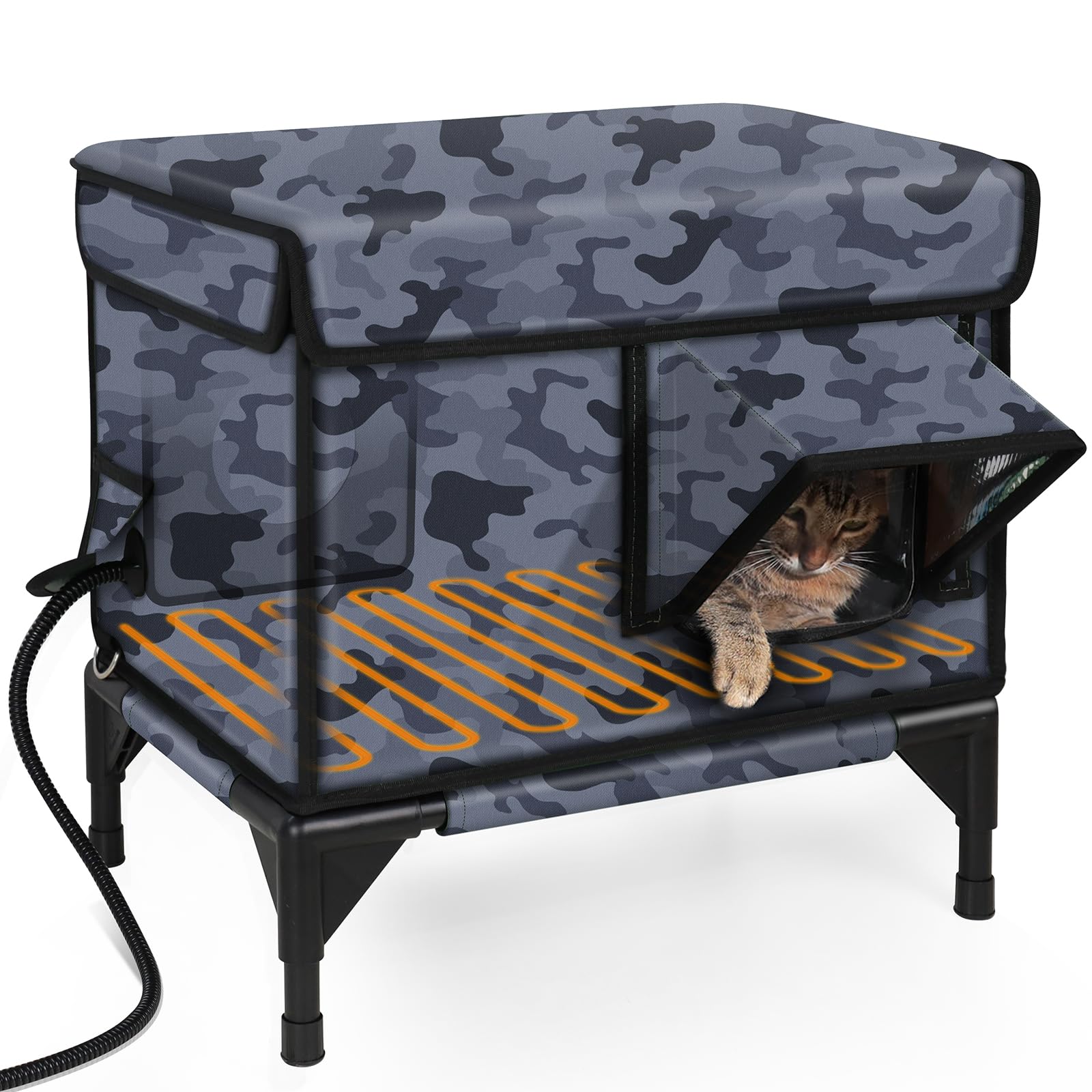 Stohot Premium Heated Cat House exterior front view: weatherproof shelter for outdoors