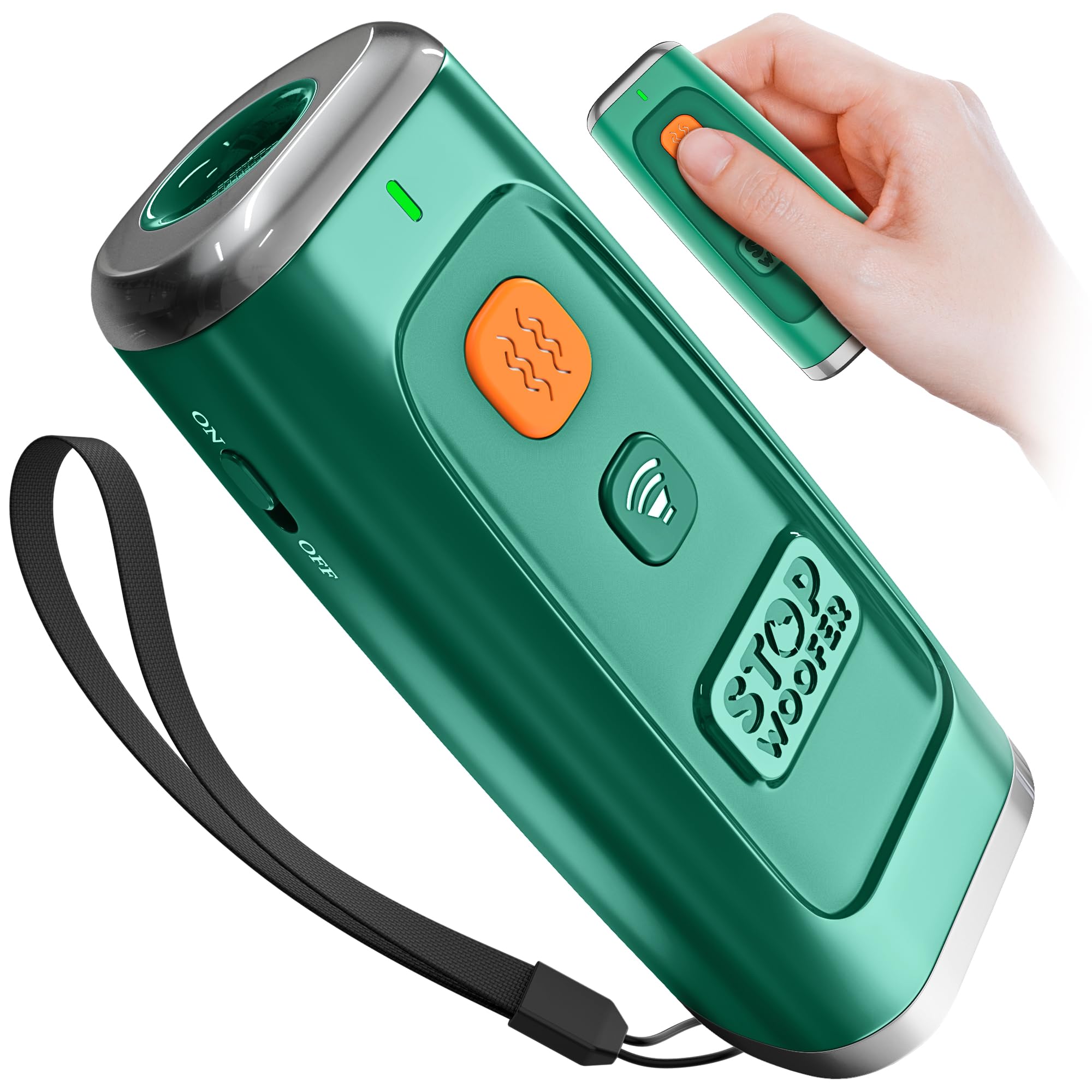 STOPWOOFER rechargeable ultrasonic dog bark deterrent in green showing handheld use for quick correction.
