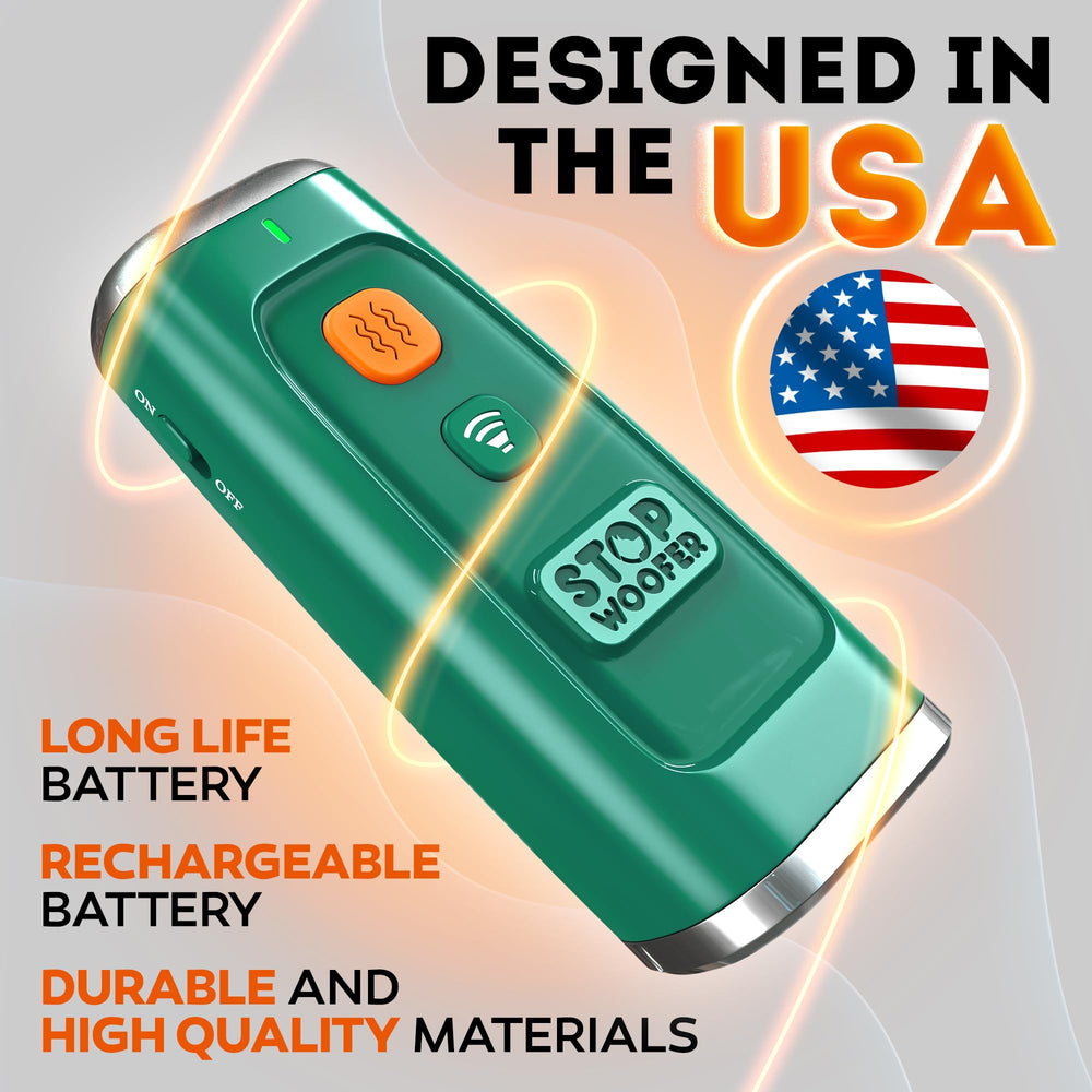 STOPWOOFER safety-first bark control device green, protects dogs with short ultrasonic bursts.