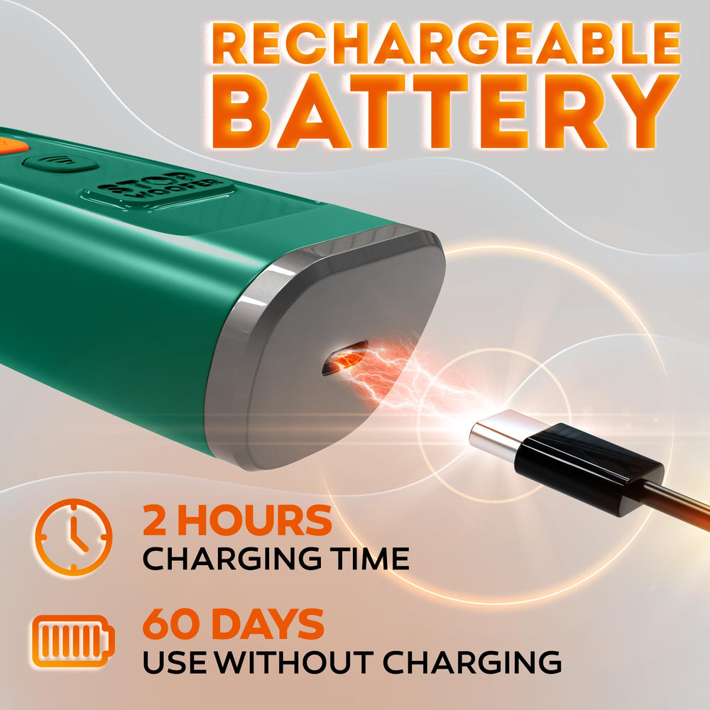 STOPWOOFER USB-charged dog bark deterrent green, convenient charging on the go.